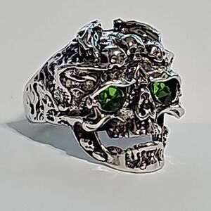 Mens Gothic Skull Ring Green Eyes W/Engraving Skulls Adjustable Open Band Alloy